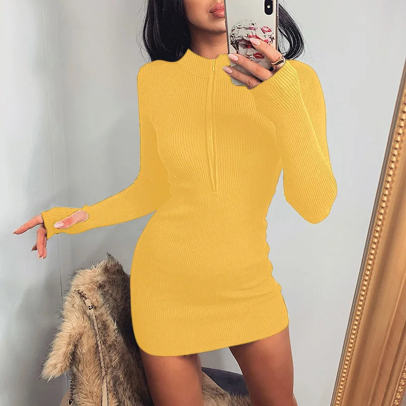 Sexy Zipper Bodycon Dress Elegant Long Sleeve Finger Hole Knitting Mini Dress Vintage Harajuku Sweater Dress Casual Clubwear