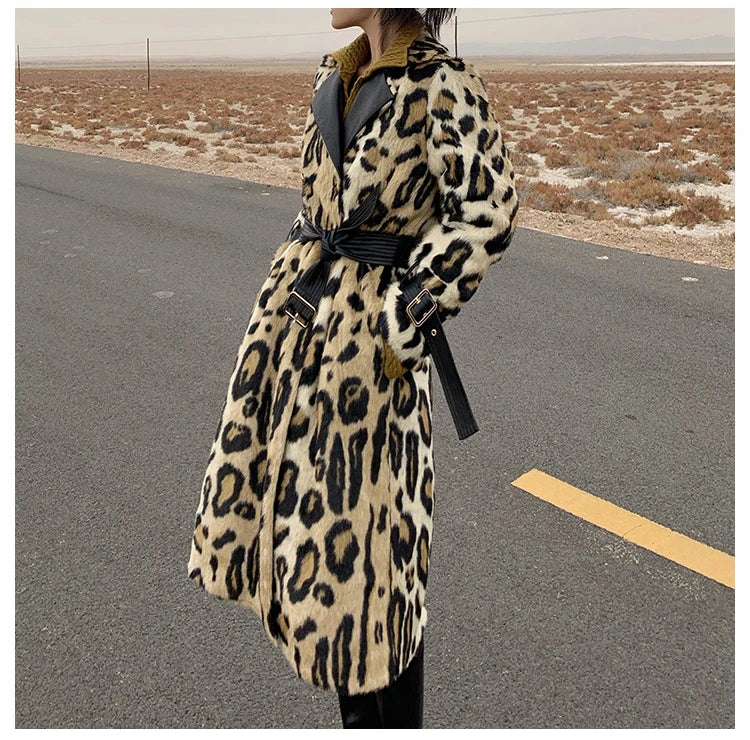 Lautaro Winter Long Leopard Print Warm Fluffy Faux Fur Trench Coat for Women Long Sleeve Double Breasted European Fashion 2021