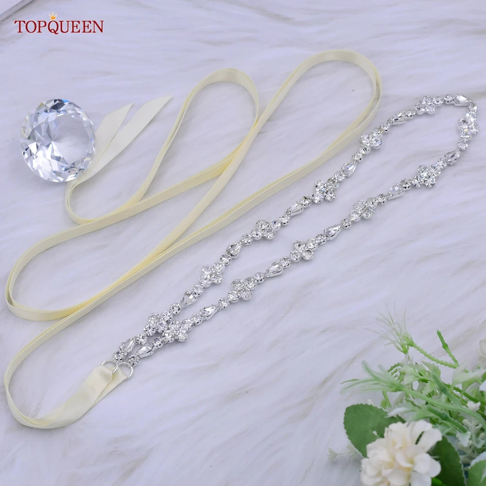 TOPQUEEN S305 Thin Bridal Belt Bling Rhinestone Chain Wedding Accessories Bridesmaid Dress Sash Satin Ribbon Women'S Party Belt