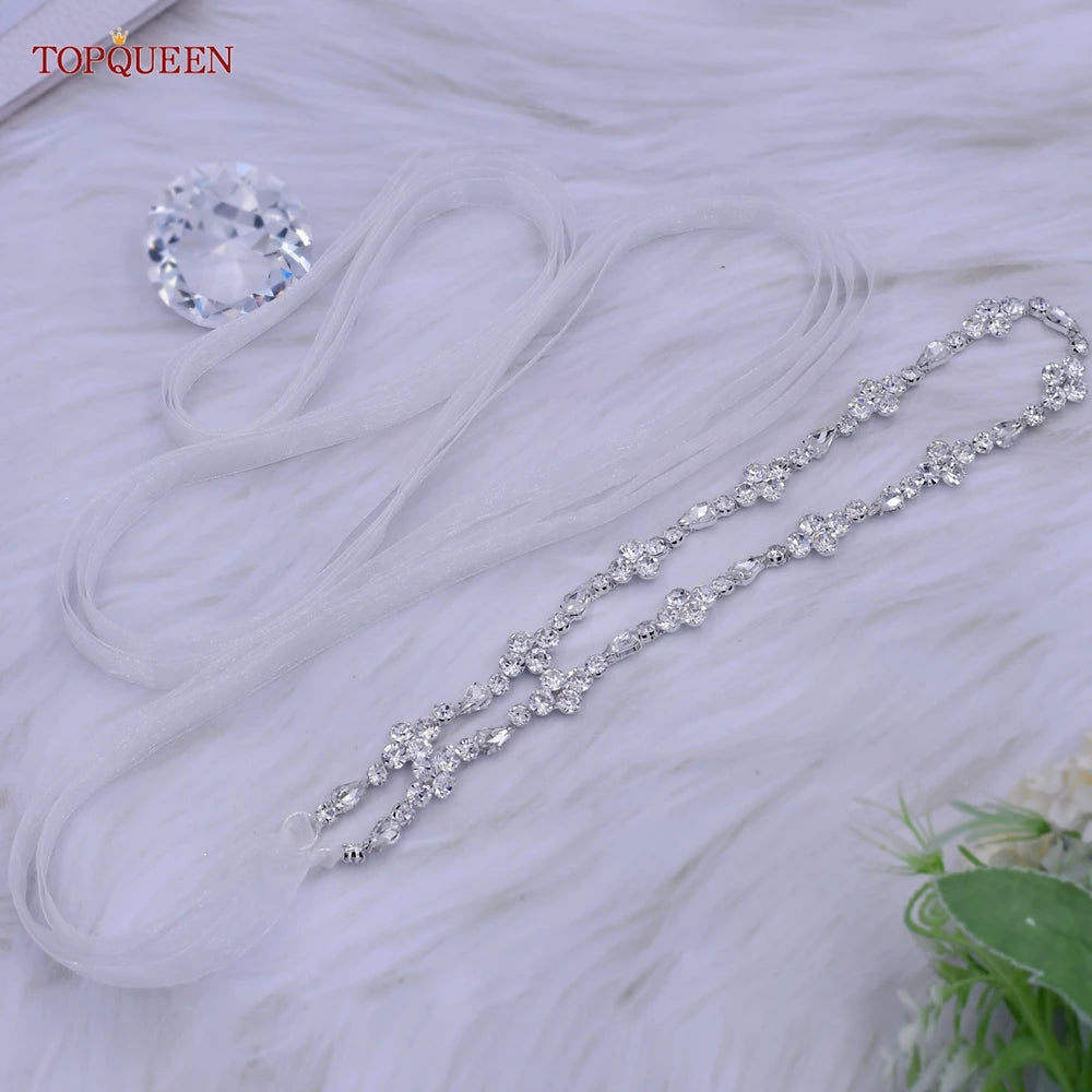 TOPQUEEN S305 Thin Bridal Belt Bling Rhinestone Chain Wedding Accessories Bridesmaid Dress Sash Satin Ribbon Women'S Party Belt