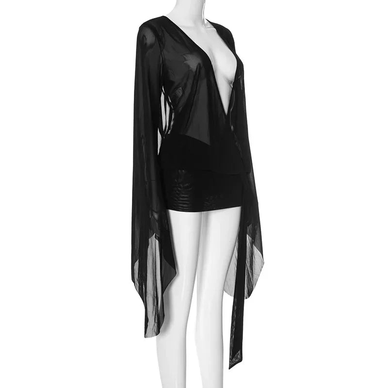 Women Sexy See Through Mesh Mini Dress Deep V-neck Lace Up Backless Flare Long Sleeve Ribbon Party Clubwear Holiday Outfits