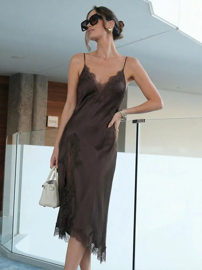 Lace-Spliced Satin Maxi Dress