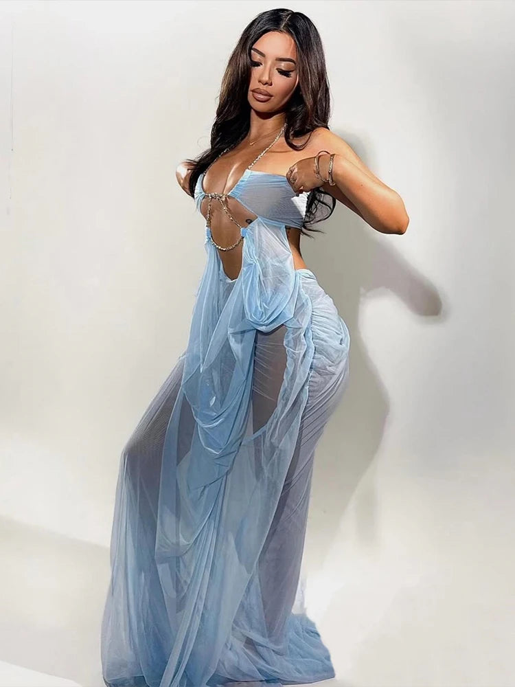 Weird Puss Sexy See Through Dress Women Sexy Halter Chain Backless Irregular Ruched Patchwork Vacation Birthday Party Clubwear