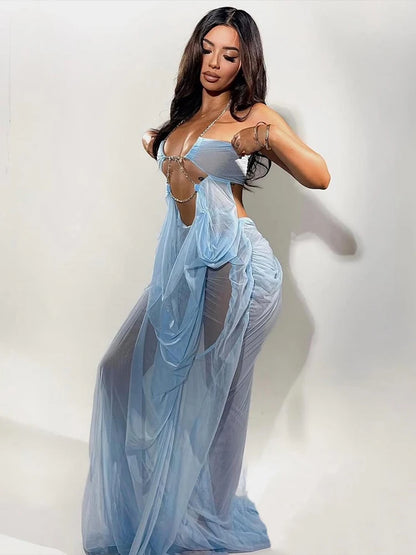 Halter Chain Ruched Mesh Maxi Dress