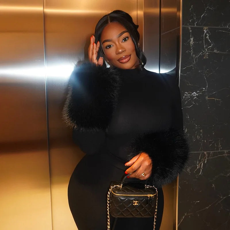 FAGADOER Winter New Sexy Fur Patchwork 2 Pieces Set for Woman Outfits Long Sleeves Bodycon Playsuits + Shorts Female Streetwear