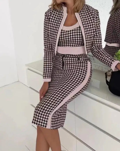 Houndstooth Print 3-Piece Skirt Set