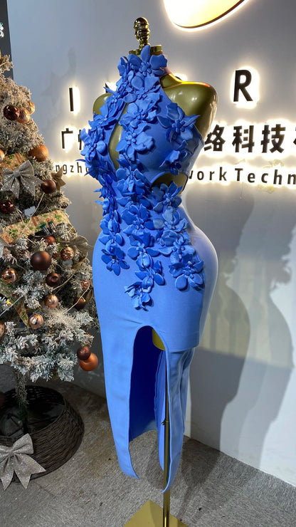 3D Floral High-Waist Slit Dress