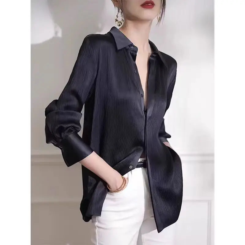 Shirts New Black Satin Texture Loose