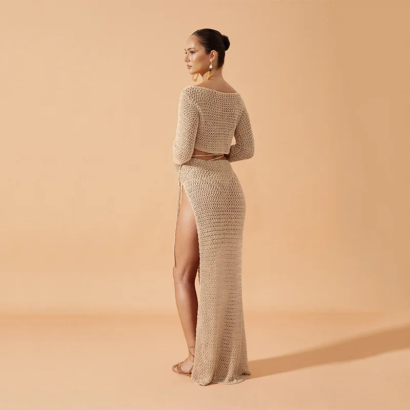 Crop Top and High Waist Skirt for Women, Sexy Lace Up, Long Knit Dress, Sarong, Crochet Swimwear, Swimsuit, Bikini Cover Up, 2PC