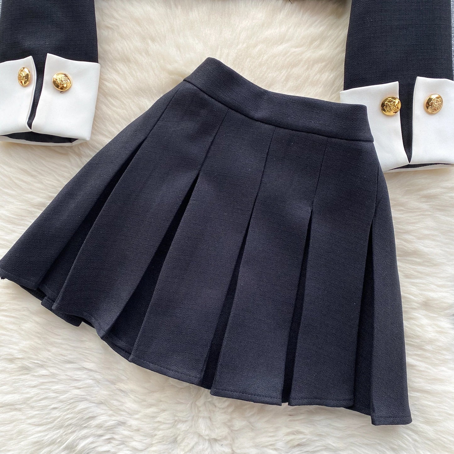 KUSAHIKI 2024 Spring Women's Color Block Short Cardigan Coat + High Waisted Pleated Half Skirt Two Piece Set