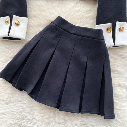 Color Block Cardigan & Pleated Skirt Set
