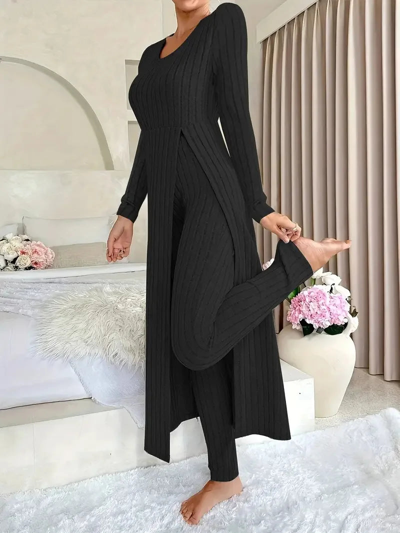 Solid Round Collar Slit Top and Trousers Set