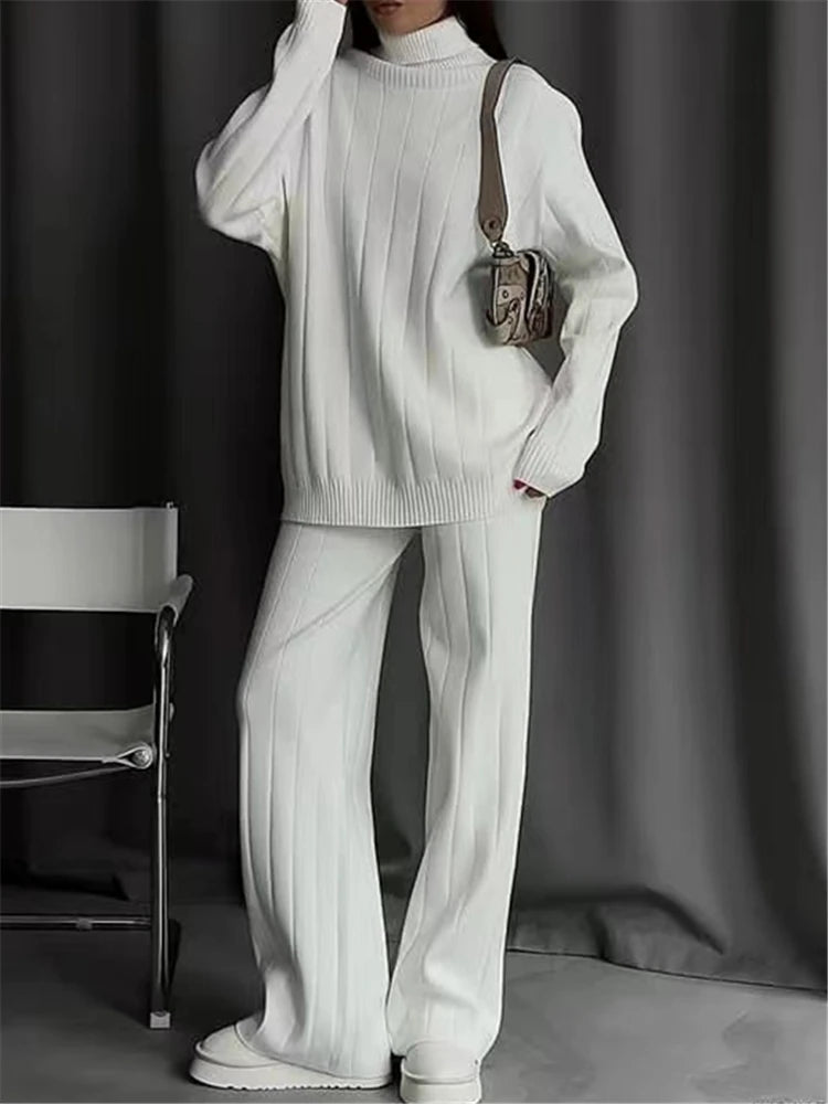 REALEFT White Sets Knitted Tracksuit Turtleneck