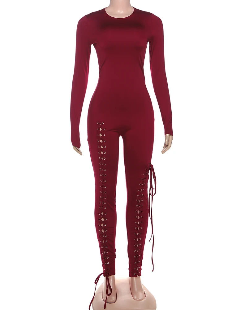 Weird Puss Sexy Fall Jumpsuits Women Diy Shirring o-Neck Full Sleeve Midnight Party Club Stretch Activity Fitness Slim Overalls