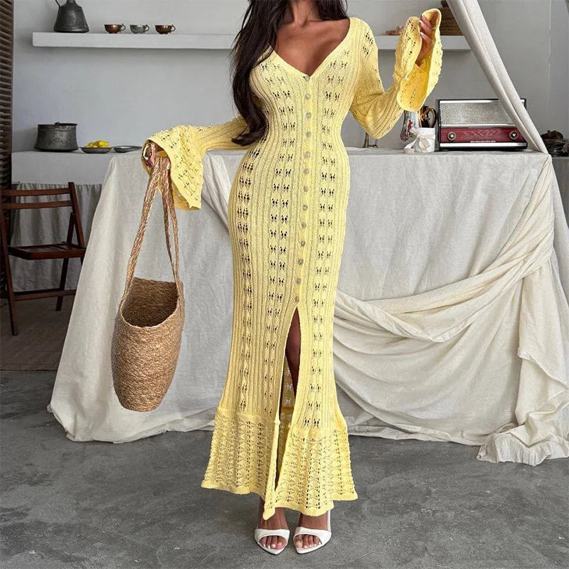 Casual V-Neck Knit Maxi Dress