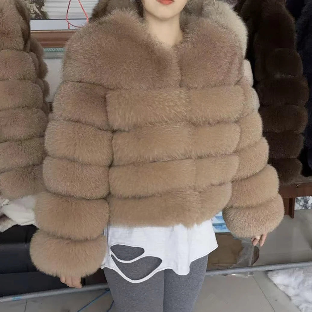 QUEENTINA Fox Fur Coat Real Brown