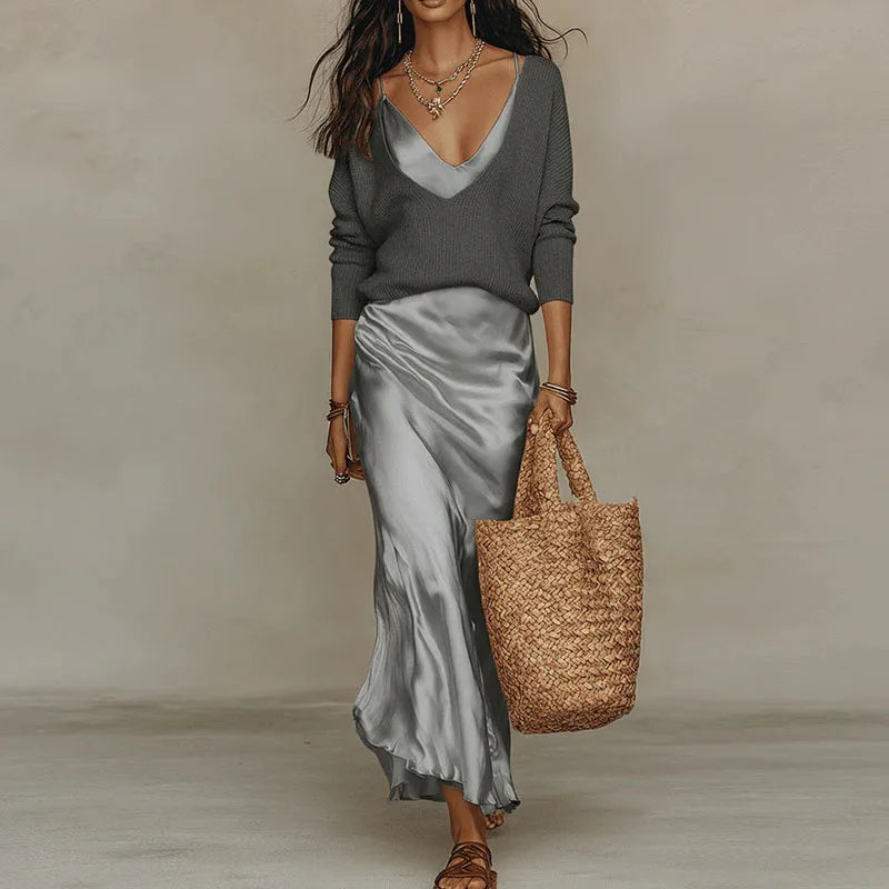 Knitted Sweater & Satin Midi Dress Set