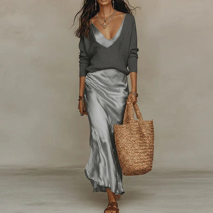 Knitted Sweater & Satin Midi Dress Set