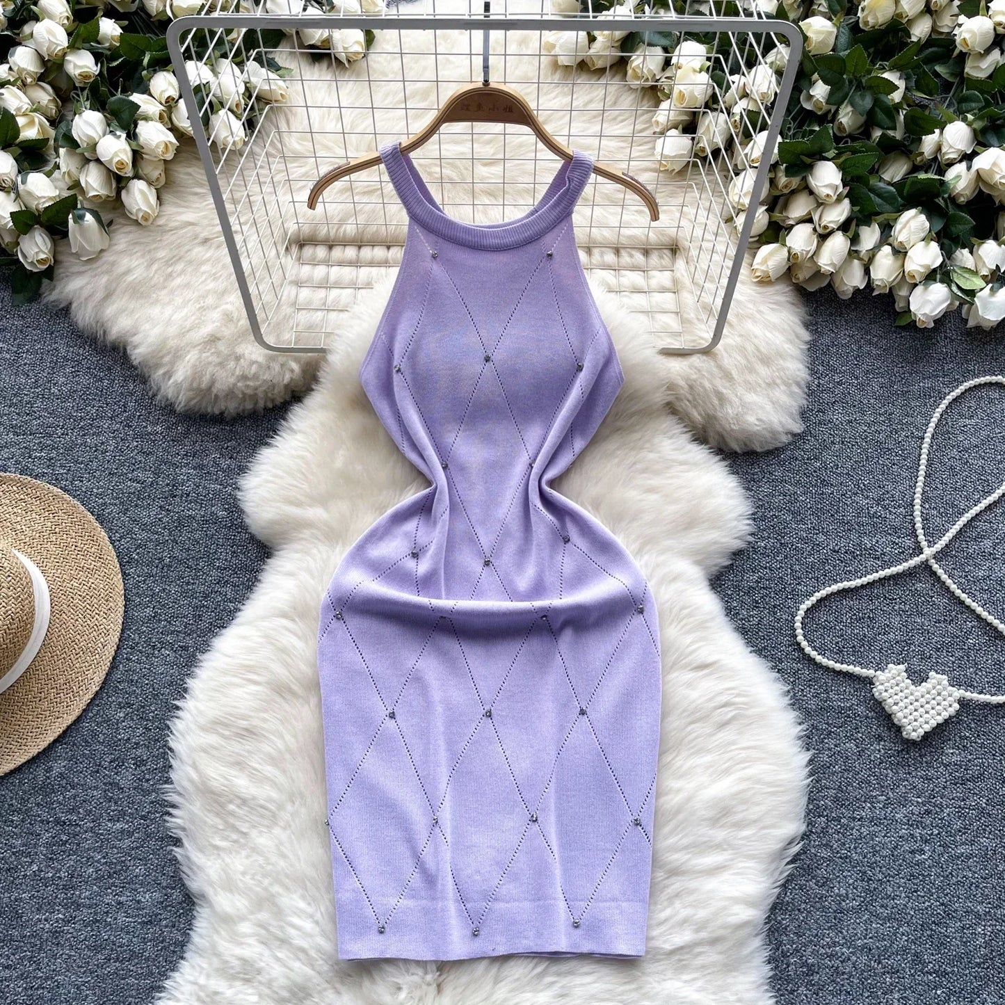 Beading Halter Women's Knitting Sheath Tank Dress Female Bodycon Knitted Camisole Sleeveless Mini Dresses For Woman Outfits