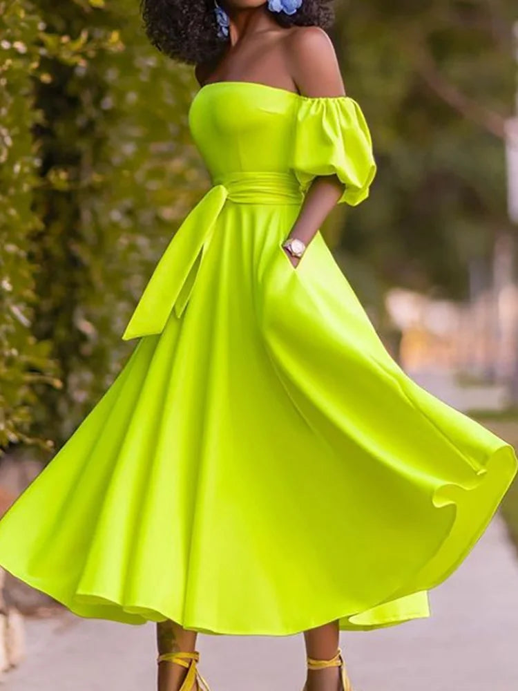 Slim Fit Belt Elegant Lady Midi Dresses Summer Women Off Shoulder Solid Party Dress Slash Neck Short Sleeve Patchwork Club Dress