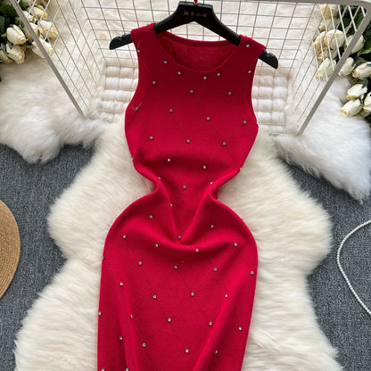 Beading Knitting Sheath Tank Dress Bodycon