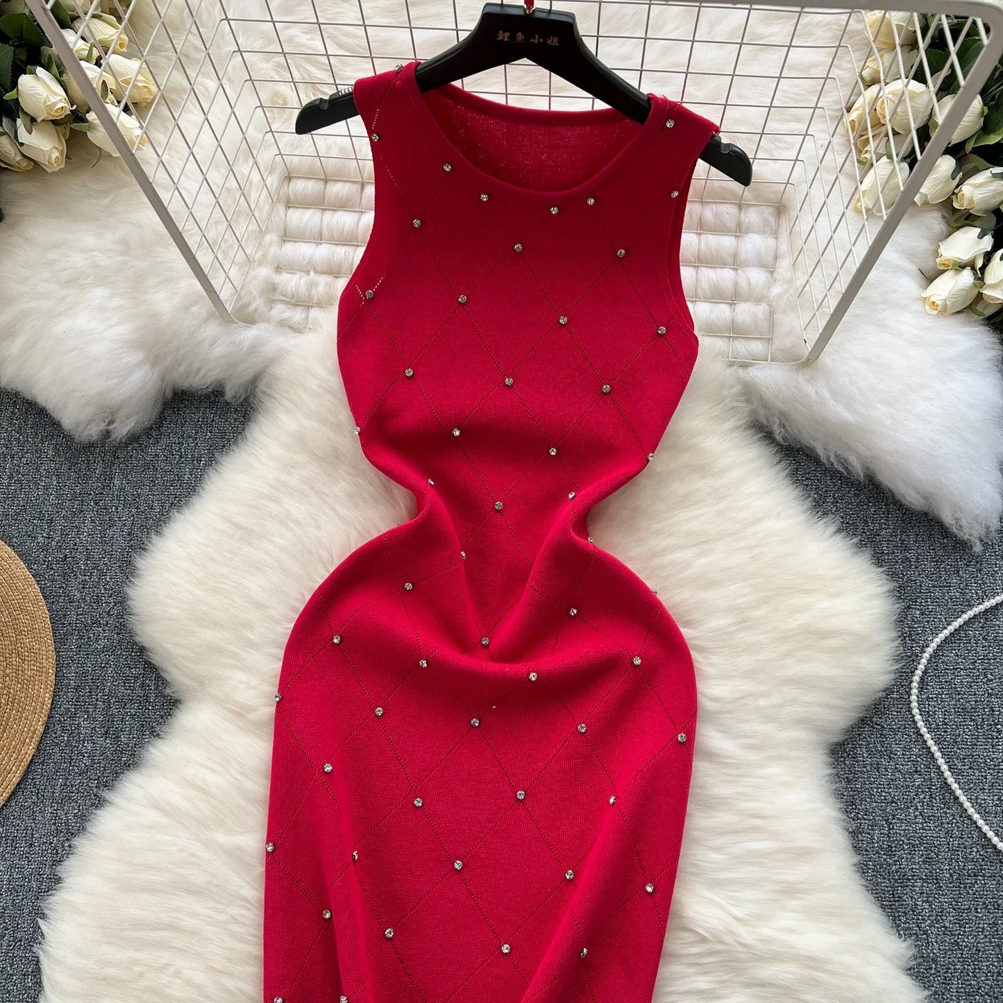 Beading  Summer Women's Knitting Sheath Tank Dress Female Bodycon Knitted Camisole Sleeveless Mini Dresses For Woman Outfits