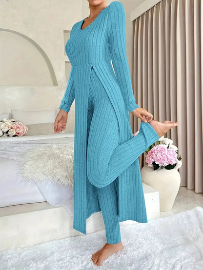 O-Neck Split Top & Slim Trousers Lounge Set