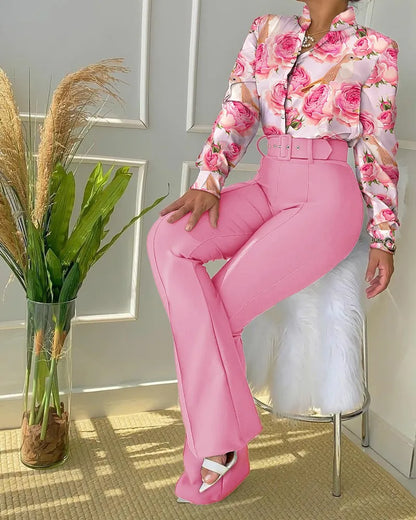 Versatile Casual Button Blouse & Pants Set