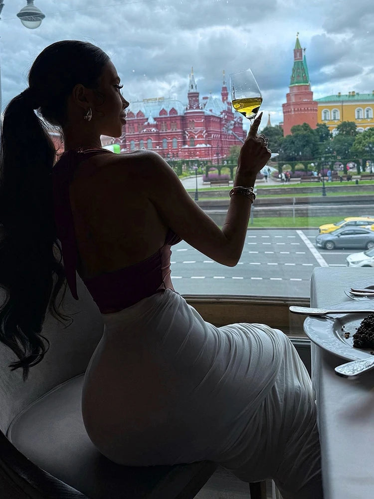 SiSSisterlinda Halter Ruched Dress Women Bandages Patchwork Backless Thin Slit Summer Clubwear Birthday Party Ruched Vestidos