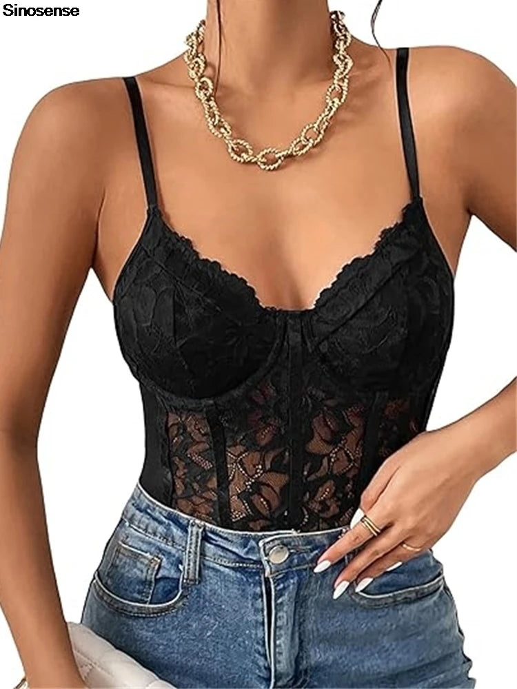 Floral Lace Sheer Mesh Corset Bodysuit