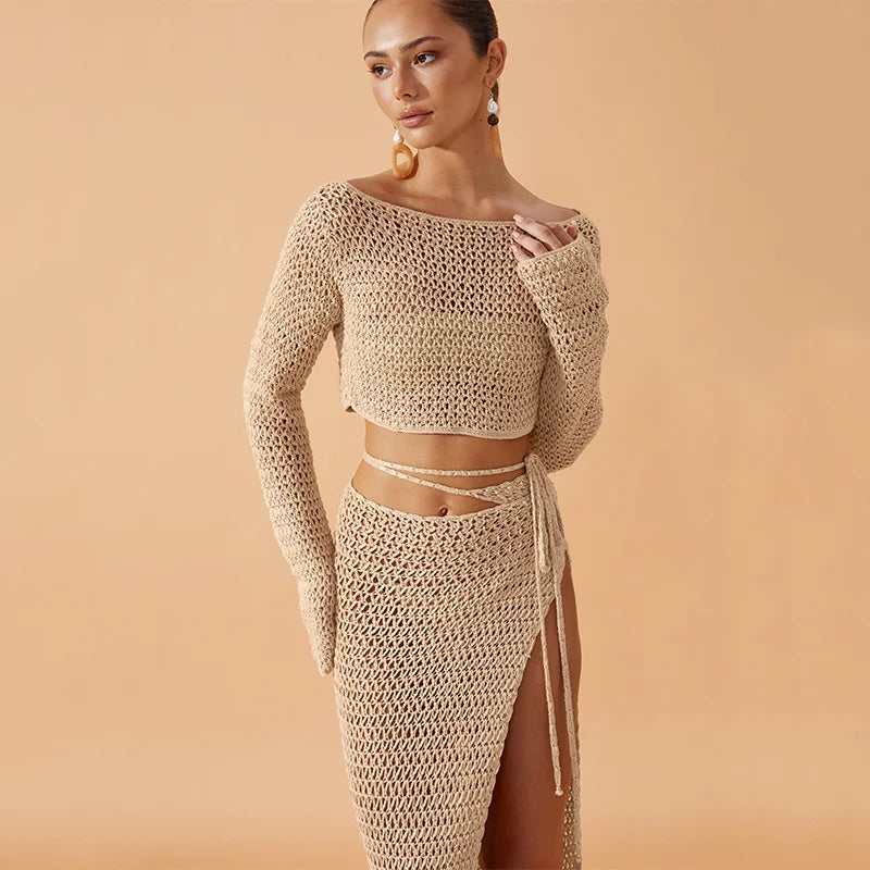 Crop Top and High Waist Skirt for Women, Sexy Lace Up, Long Knit Dress, Sarong, Crochet Swimwear, Swimsuit, Bikini Cover Up, 2PC