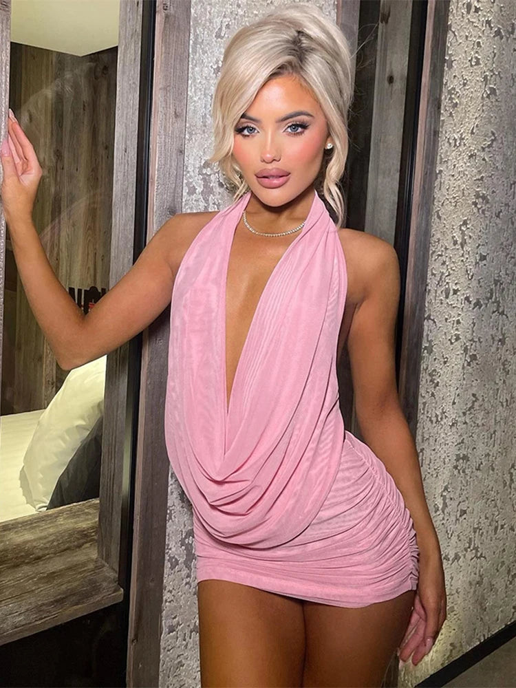 kliou Mesh Swinging Pleated Women 2 Piece Set Summer Solid Simple Halter Backless Chic Tops+Shirring Mini Skirts Coordinate Suit