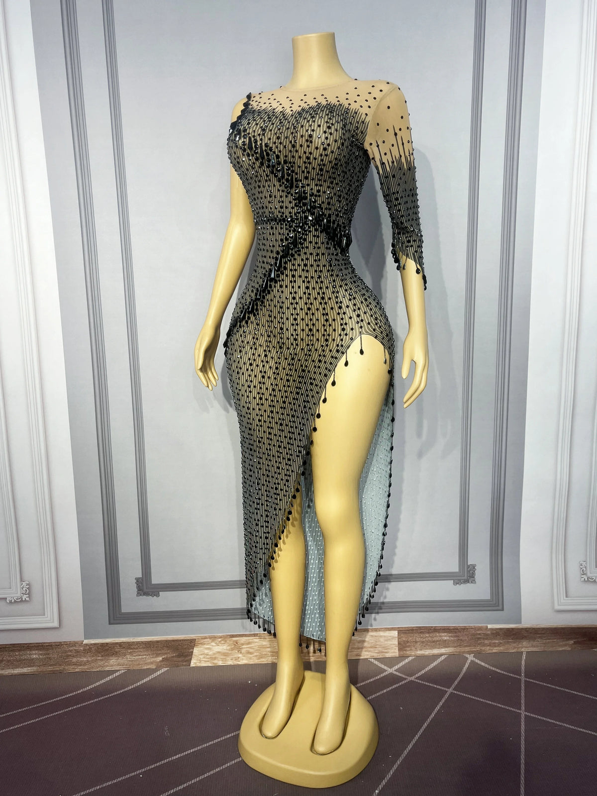 Luxury Black Beaded Sequin Dress One-Shoulder