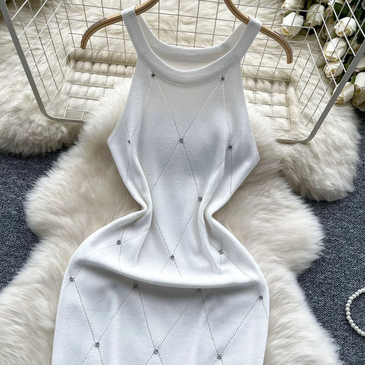 Beaded Halter Knit Bodycon Mini Dress