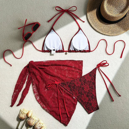 Contrast Lace Three-Piece Bikini Set