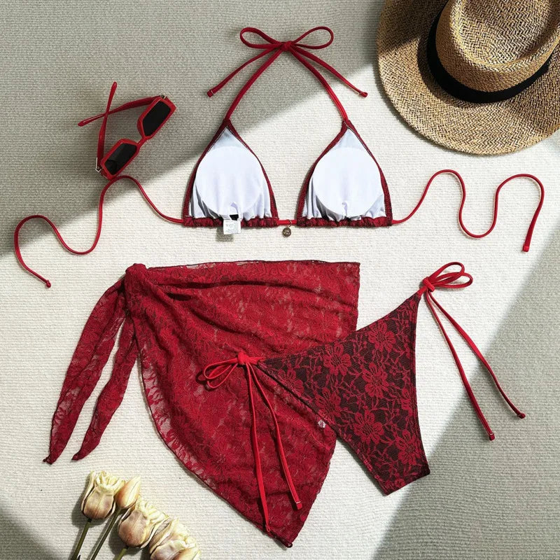 Lace Bikinis Swimsuits Three-Piece Swimwear Beach
