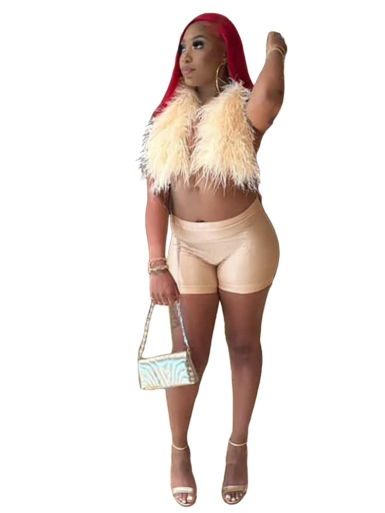 Luxury Fur Patchwork 2 Pieces Set for Woman Outfit Summer 2025 New Tank Top and Stretch Shorts Midnight Club Wear Party Suits