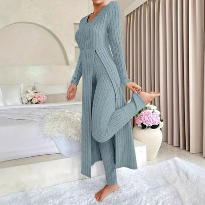 Solid Round Collar Slit Top and Trousers Set