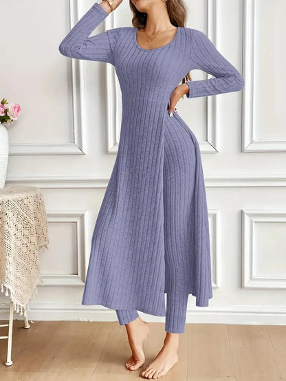 Solid Round Collar Slit Top and Trousers Set