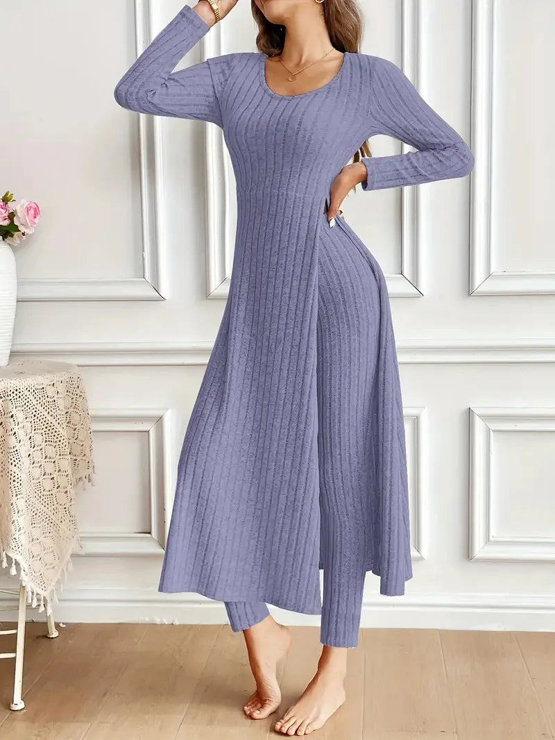 O-Neck Split Top & Slim Trousers Lounge Set