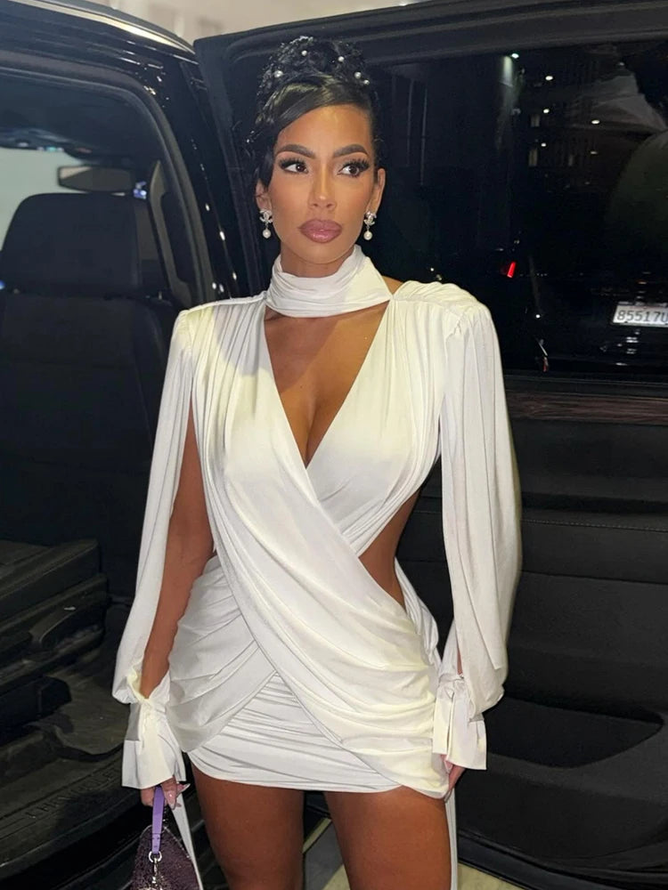 Weird Puss Sexy Halter Dress Women Ribbon Hollow Full Sleeve Cross Ruched Backless Stretch Skinny Midnight Party Club Bodycon