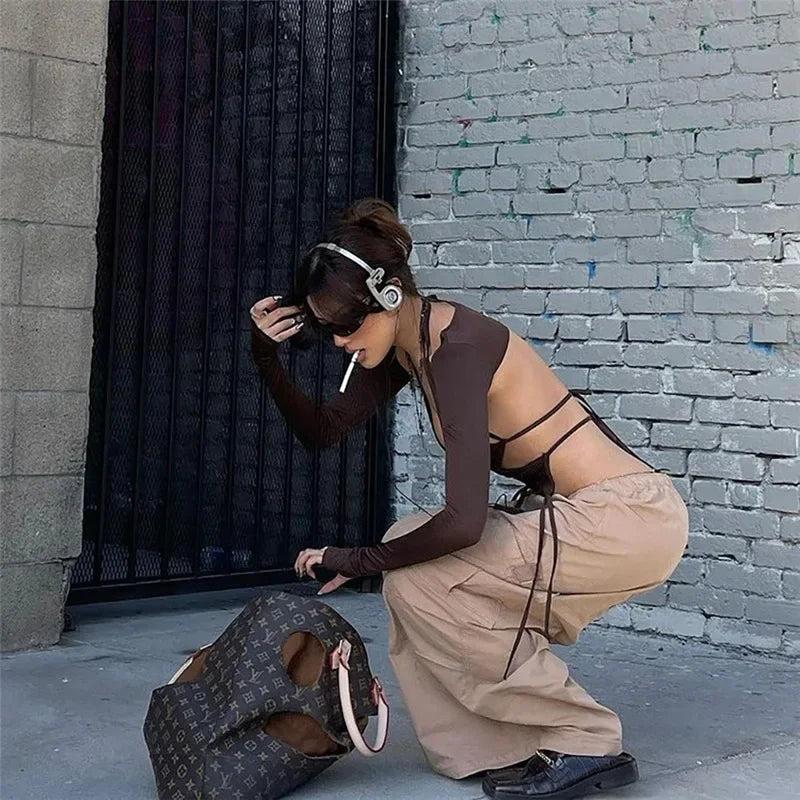 2025 New Dark Y2k Punk Drawstring Bandage Sexy Camis Techwear Backless Long Sleeve Crop Tops Women's Bodycon Summer Streetwear