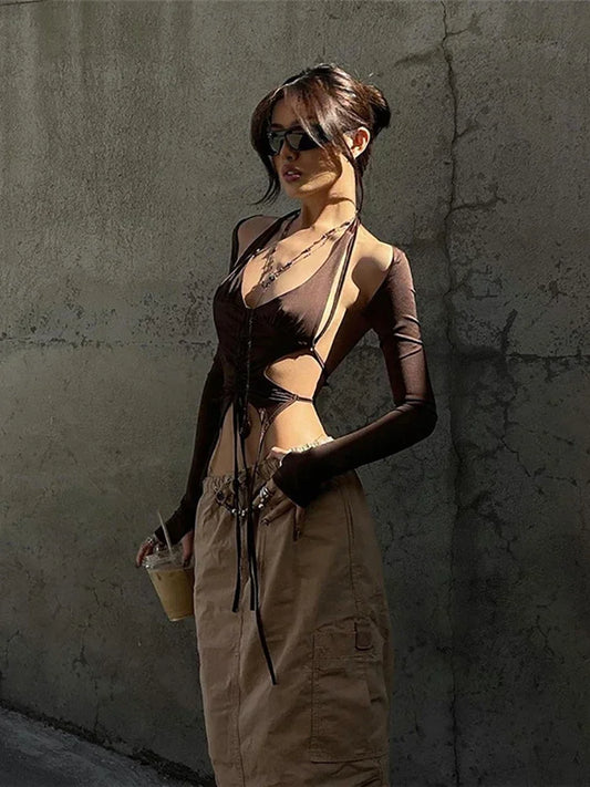 2025 New Dark Y2k Punk Drawstring Bandage Sexy Camis Techwear Backless Long Sleeve Crop Tops Women's Bodycon Summer Streetwear