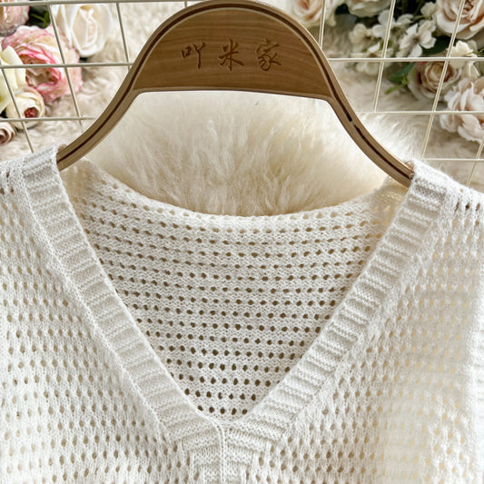 New Crochet Bodycon Basic Knitting Dress Women Sleeveless V Neck Tank Ladies Elastic Waist Temperament Solid Streetwear Dress