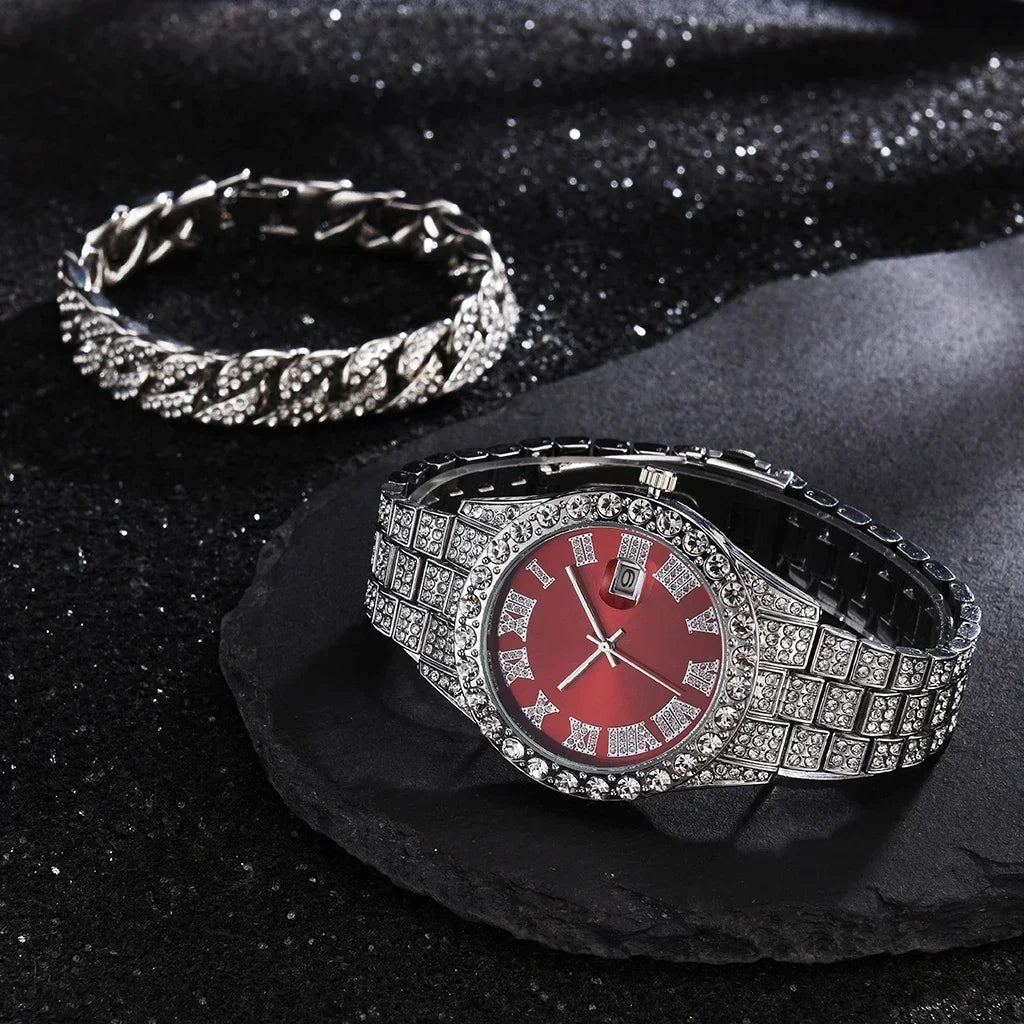 1/2Pc Watch Bracelet Set Hip Hop Stainless Steel Gold Color Calendar Watch Men Iced Out Paved Rhinestones Men Watch Reloj Hombre