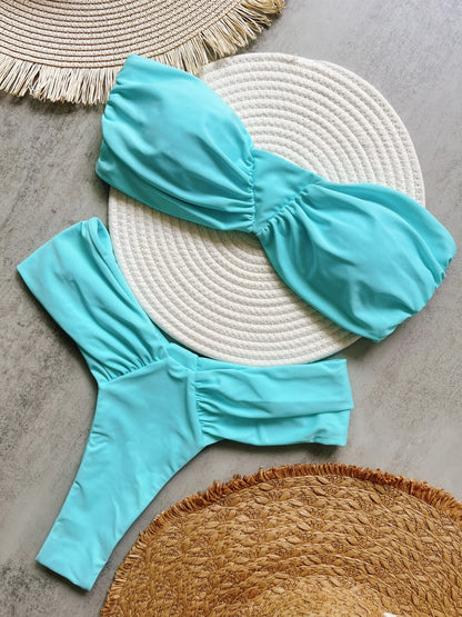 Pleated Bandeau High-Cut Bikini Set