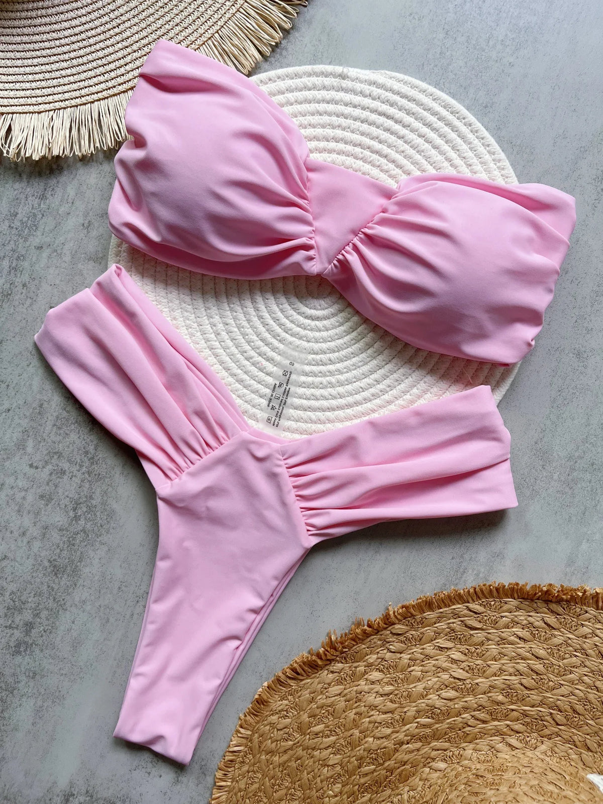 Pleated Bandeau High-Cut Bikini Set