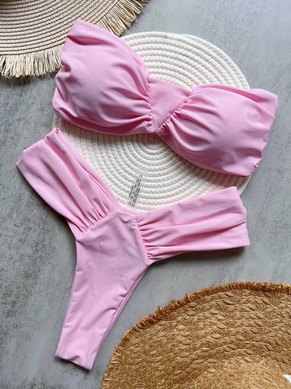Pleated Bandeau High-Cut Bikini Set