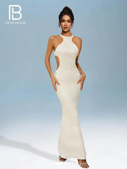 PB Elegant Beige Beaded Cut-Out Pearl Long Dresses Sexy Sleeveless High Waist Slim Party Evening Gown Vestidos