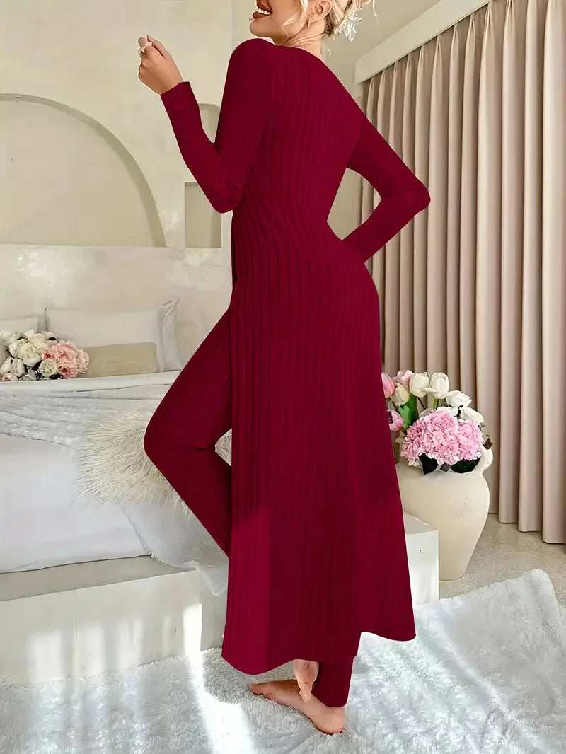 Solid Round Collar Slit Top and Trousers Set